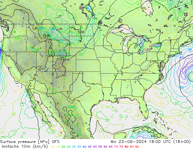 Isotachs (kph) GFS Po 23.09.2024 18 UTC