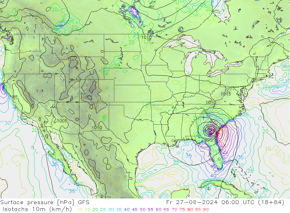 Isotachs (kph) GFS Sex 27.09.2024 06 UTC