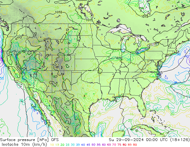 Isotachs (kph) GFS Su 29.09.2024 00 UTC