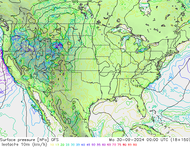 Isotachs (kph) GFS Mo 30.09.2024 00 UTC