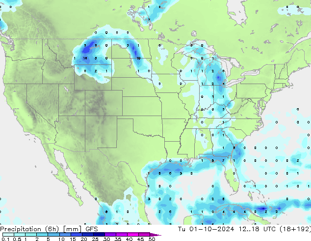 Precipitation (6h) GFS Tu 01.10.2024 18 UTC