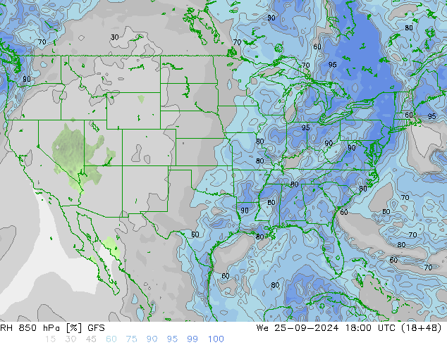 Humedad rel. 850hPa GFS mié 25.09.2024 18 UTC