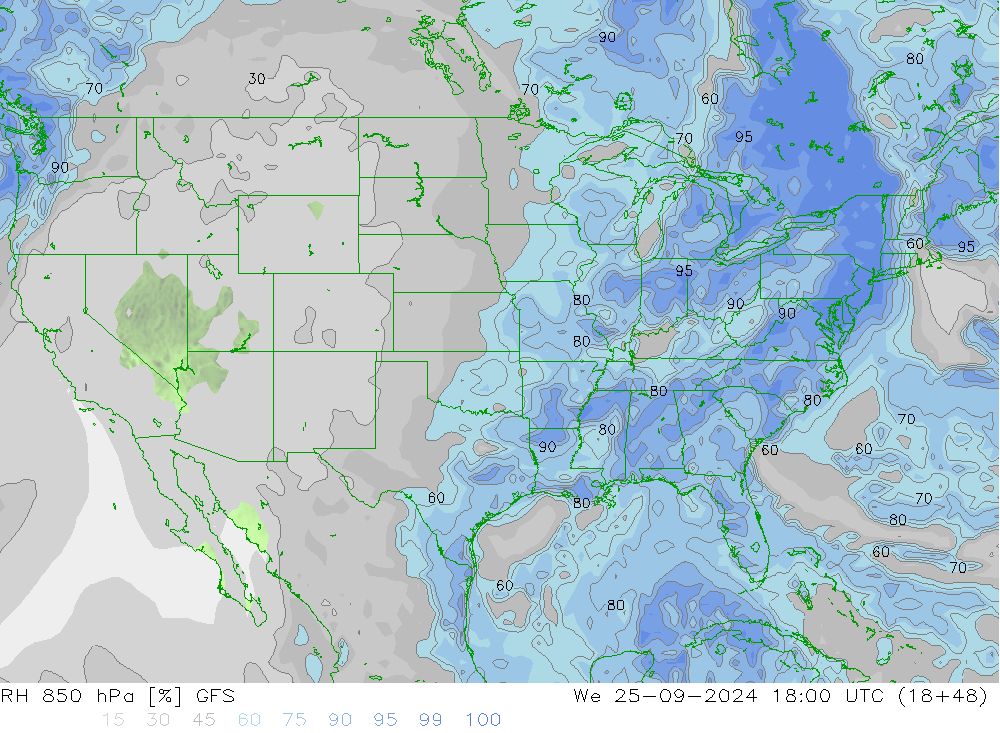 RH 850 hPa GFS mer 25.09.2024 18 UTC