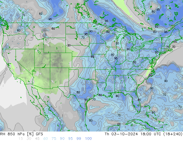 Humidité rel. 850 hPa GFS jeu 03.10.2024 18 UTC