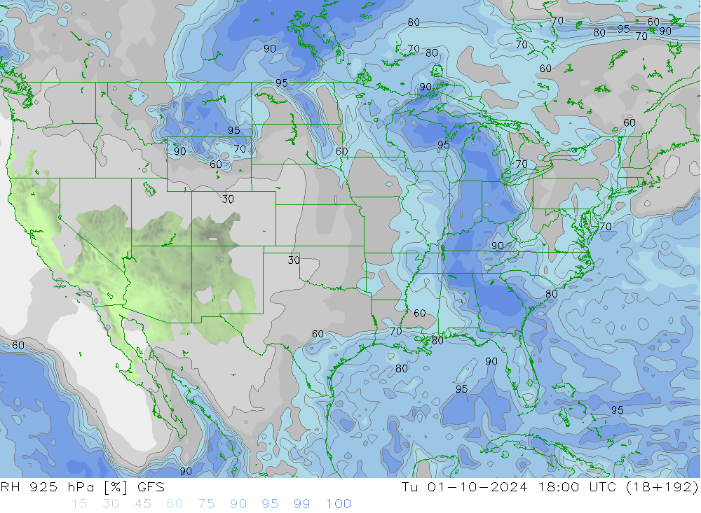 RH 925 hPa GFS Ter 01.10.2024 18 UTC