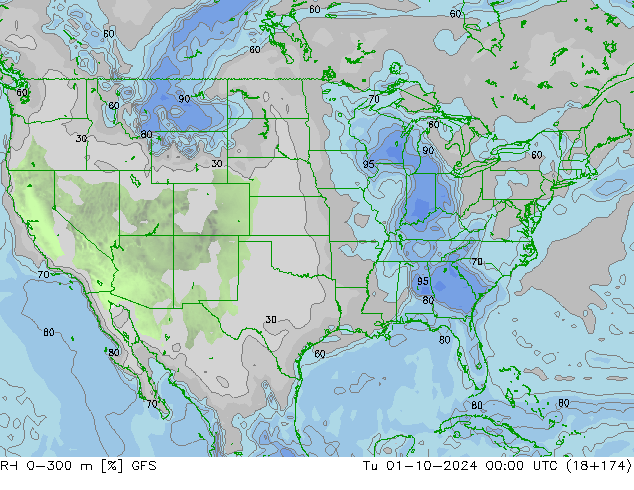 RH 0-300 m GFS Di 01.10.2024 00 UTC