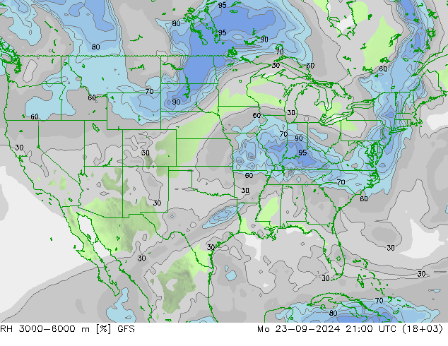 RH 3000-6000 m GFS пн 23.09.2024 21 UTC