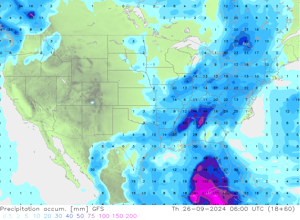 Precipitation accum. GFS Čt 26.09.2024 06 UTC