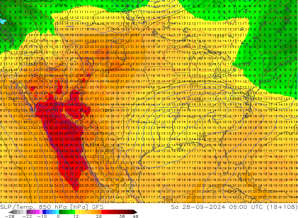 SLP/Temp. 850 hPa GFS sáb 28.09.2024 06 UTC