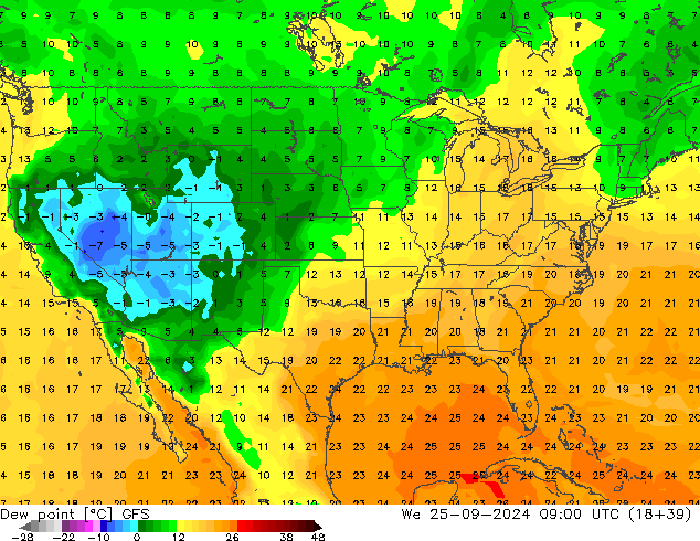 Ponto de orvalho GFS Qua 25.09.2024 09 UTC