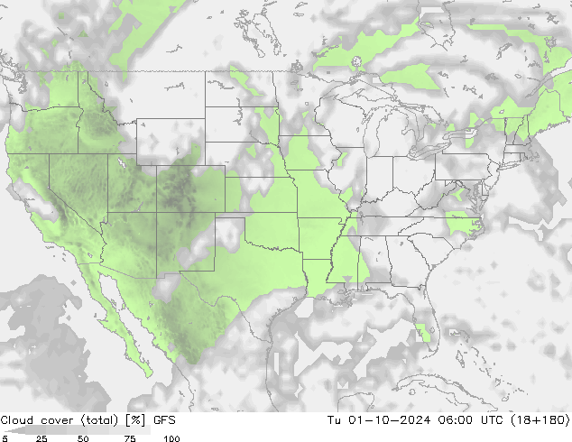 Cloud cover (total) GFS Tu 01.10.2024 06 UTC