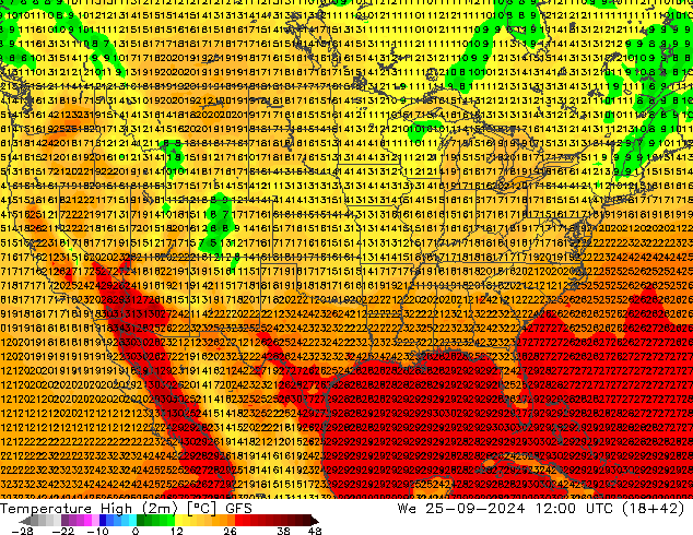 temperatura máx. (2m) GFS Qua 25.09.2024 12 UTC