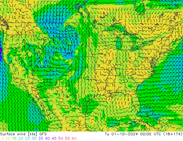 Vento 10 m GFS Ter 01.10.2024 00 UTC