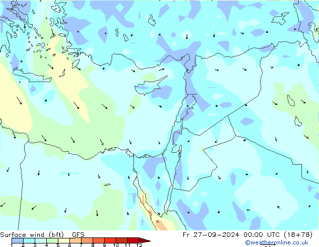 Viento 10 m (bft) GFS vie 27.09.2024 00 UTC