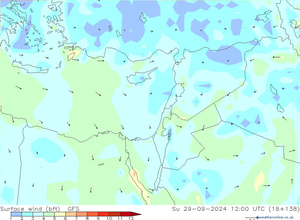 Surface wind (bft) GFS Ne 29.09.2024 12 UTC