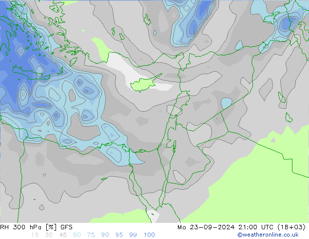 RH 300 hPa GFS Mo 23.09.2024 21 UTC