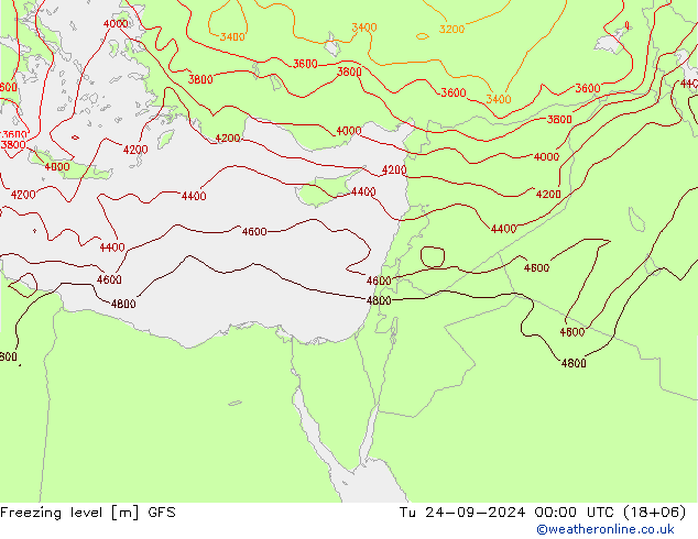 Freezing level GFS Út 24.09.2024 00 UTC