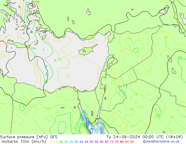 Izotacha (km/godz) GFS wto. 24.09.2024 00 UTC