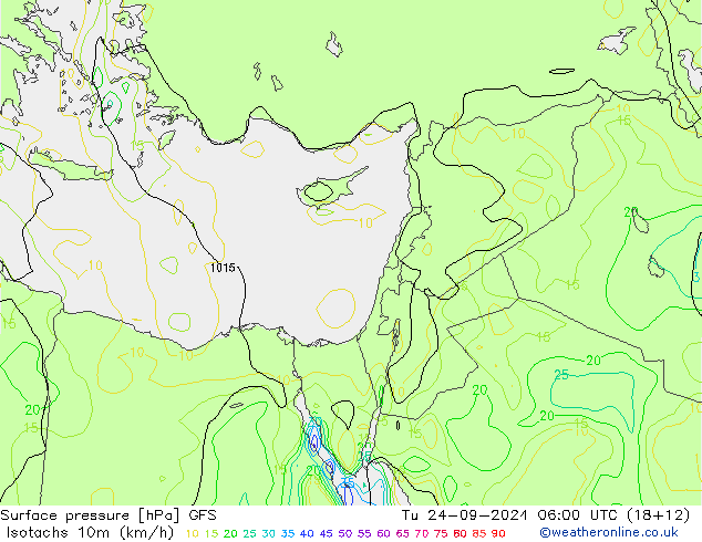 Isotachs (kph) GFS  24.09.2024 06 UTC