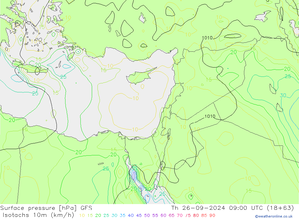 Isotachs (kph) GFS Čt 26.09.2024 09 UTC