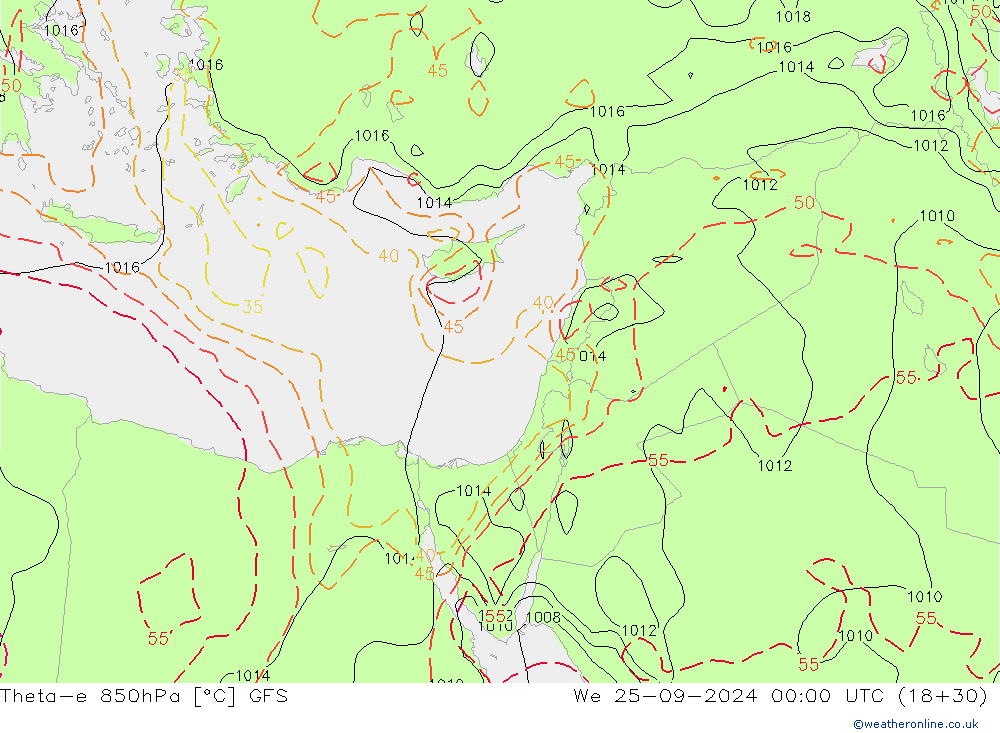 Theta-e 850hPa GFS śro. 25.09.2024 00 UTC