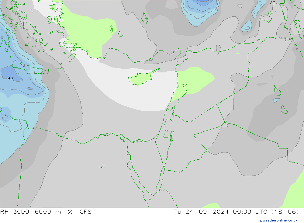 RH 3000-6000 m GFS wto. 24.09.2024 00 UTC