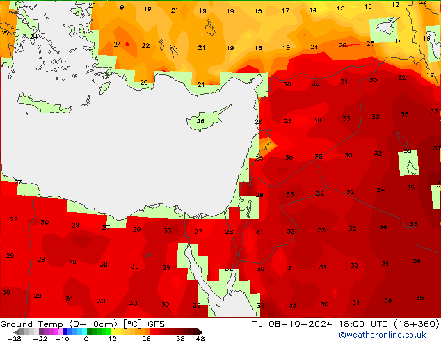 temp. mín./solo (0-10cm) GFS Ter 08.10.2024 18 UTC