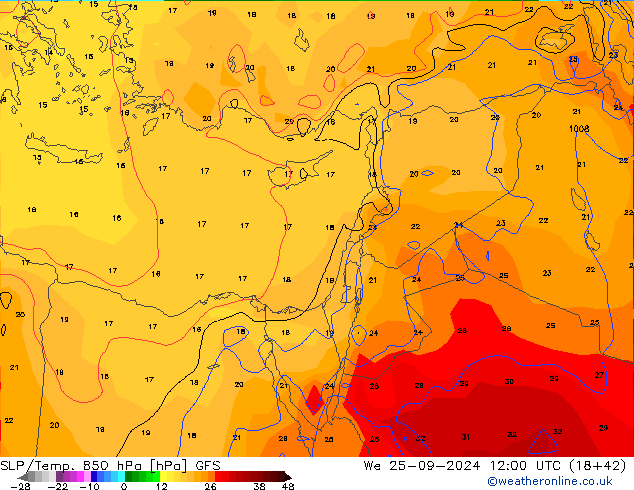 SLP/Temp. 850 hPa GFS śro. 25.09.2024 12 UTC