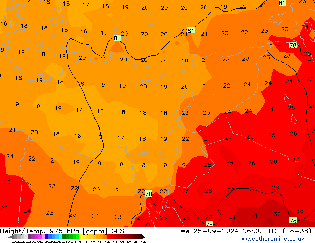 Height/Temp. 925 hPa GFS śro. 25.09.2024 06 UTC