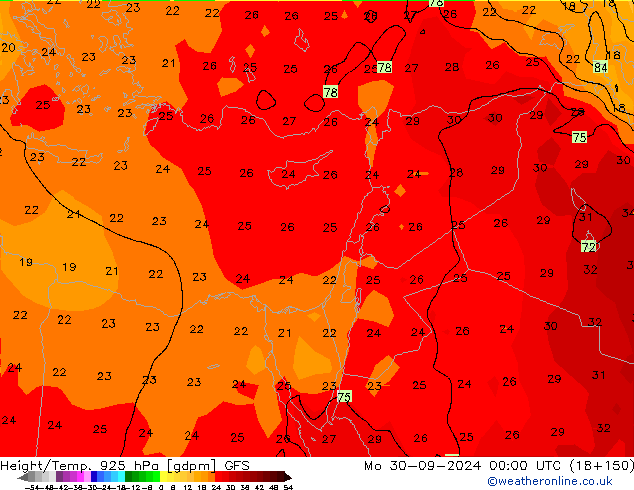 Height/Temp. 925 hPa GFS pon. 30.09.2024 00 UTC