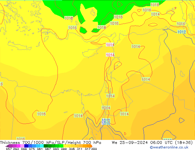 Espesor 700-1000 hPa GFS mié 25.09.2024 06 UTC