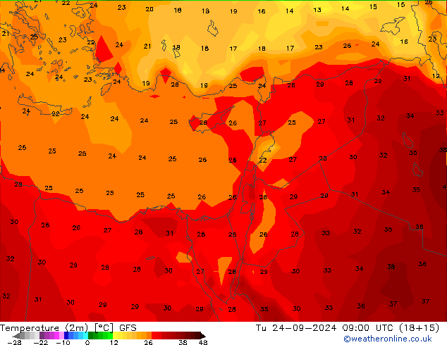 Temperatura (2m) GFS Ter 24.09.2024 09 UTC