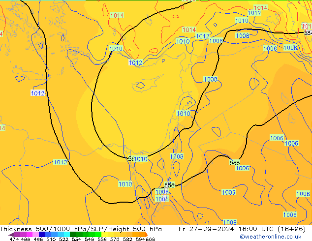 Thck 500-1000hPa GFS ven 27.09.2024 18 UTC