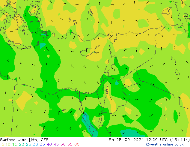 wiatr 10 m GFS so. 28.09.2024 12 UTC