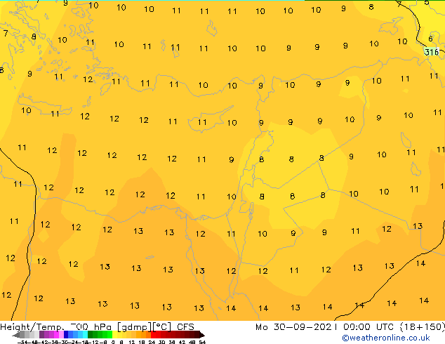 Height/Temp. 700 hPa GFS Mo 30.09.2024 00 UTC