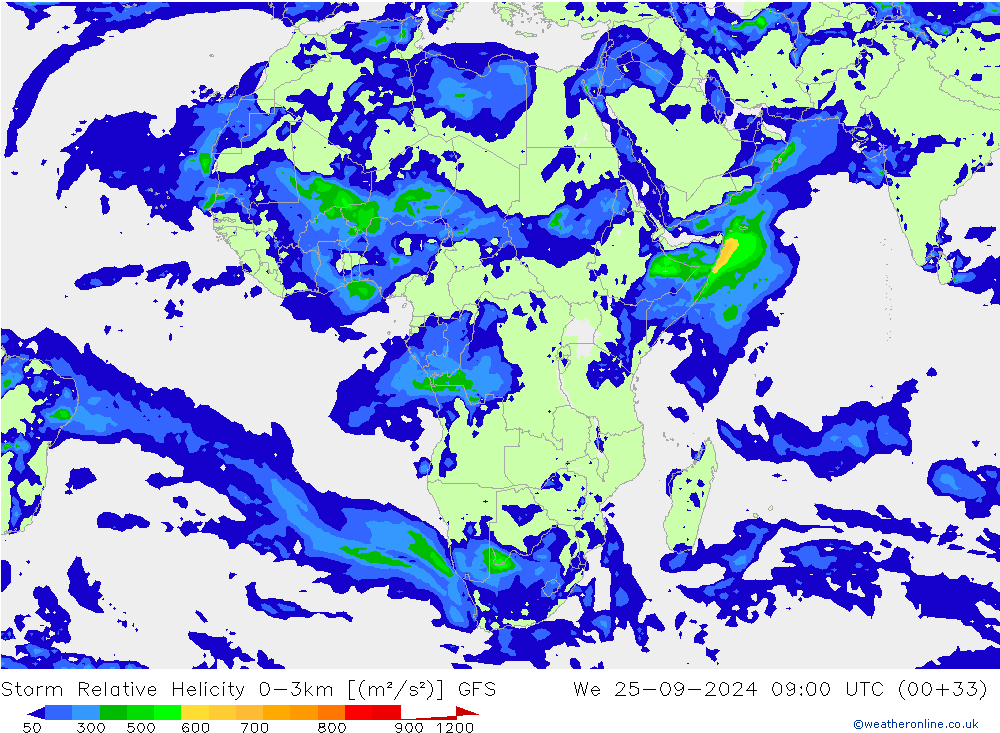 Storm Relative Helicity GFS mer 25.09.2024 09 UTC