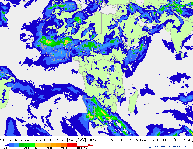 Storm Relative Helicity GFS pon. 30.09.2024 06 UTC