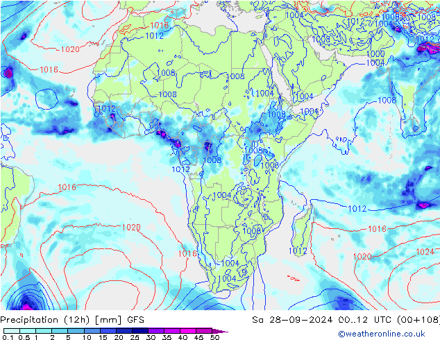 Precipitazione (12h) GFS sab 28.09.2024 12 UTC