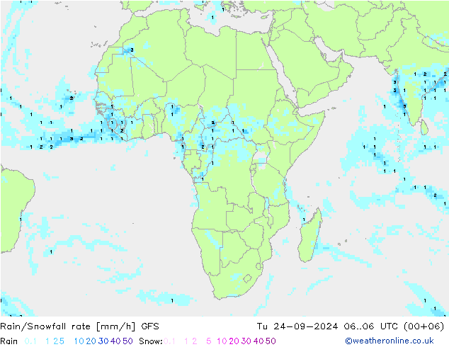 Rain/Snowfall rate GFS Tu 24.09.2024 06 UTC