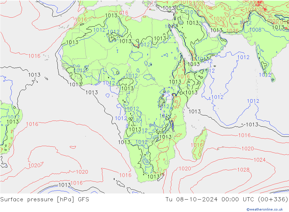 Atmosférický tlak GFS Út 08.10.2024 00 UTC