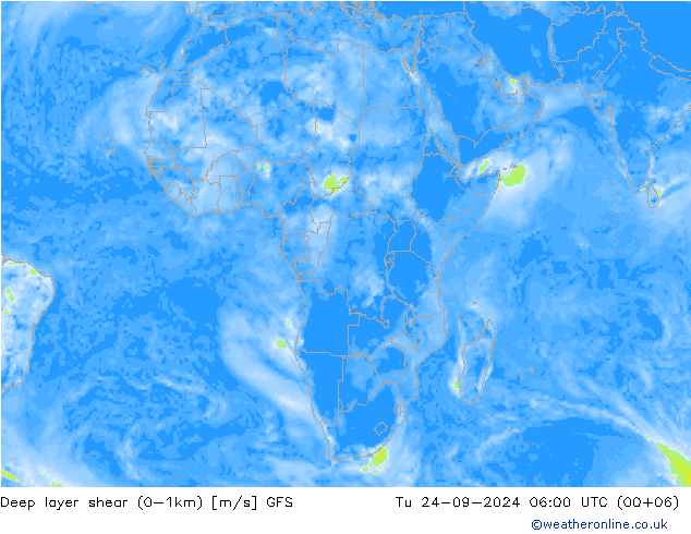 Deep layer shear (0-1km) GFS Tu 24.09.2024 06 UTC