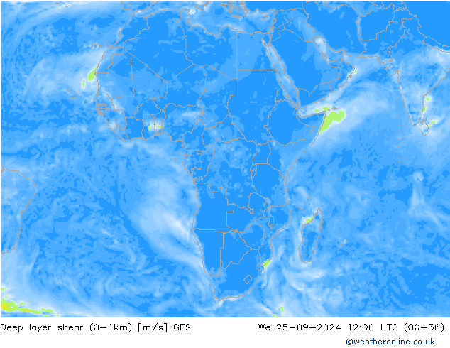 Deep layer shear (0-1km) GFS Mi 25.09.2024 12 UTC