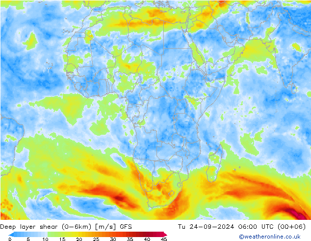 Deep layer shear (0-6km) GFS Tu 24.09.2024 06 UTC