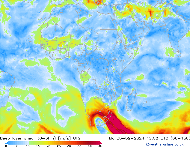 Deep layer shear (0-6km) GFS lun 30.09.2024 12 UTC