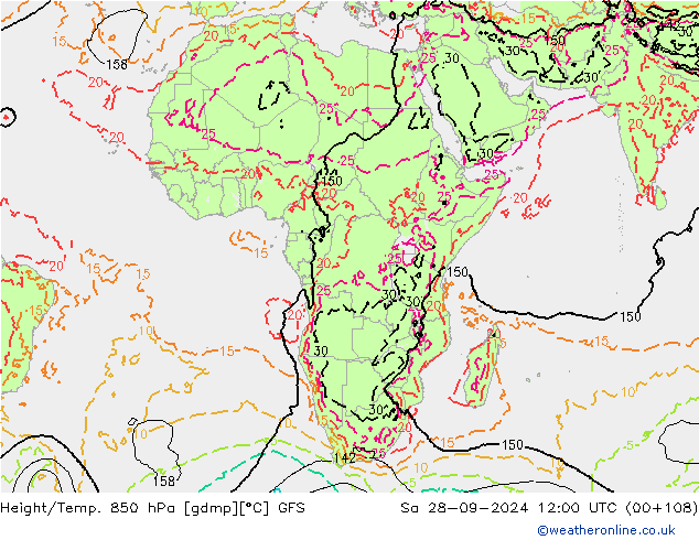 Height/Temp. 850 hPa GFS sab 28.09.2024 12 UTC