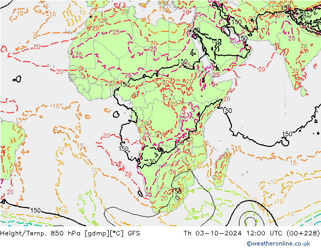 Hoogte/Temp. 850 hPa GFS do 03.10.2024 12 UTC