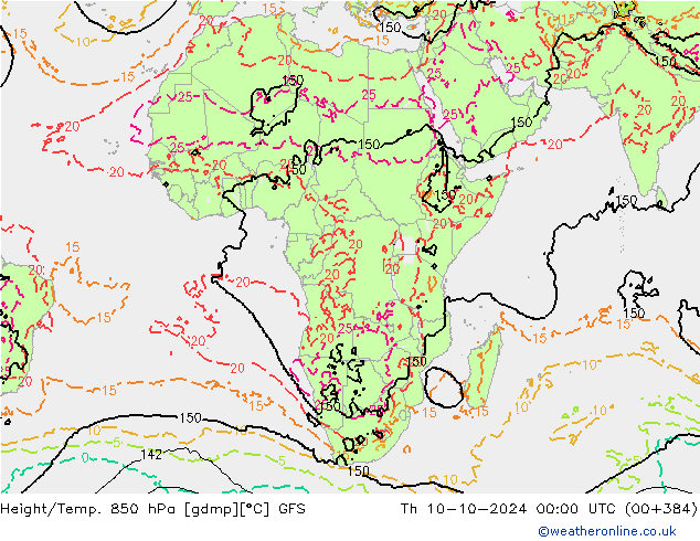 Geop./Temp. 850 hPa GFS jue 10.10.2024 00 UTC