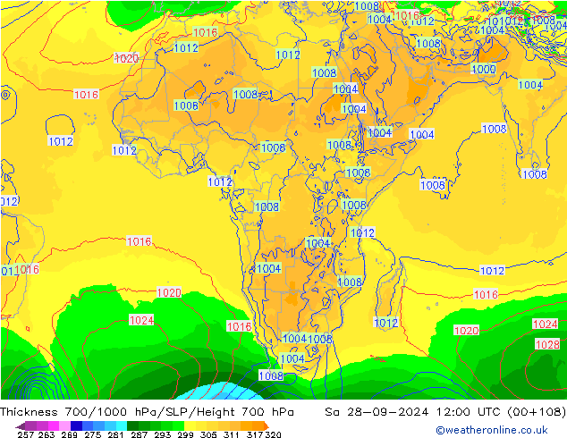 Thck 700-1000 гПа GFS сб 28.09.2024 12 UTC