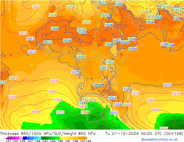 Thck 850-1000 hPa GFS  01.10.2024 00 UTC