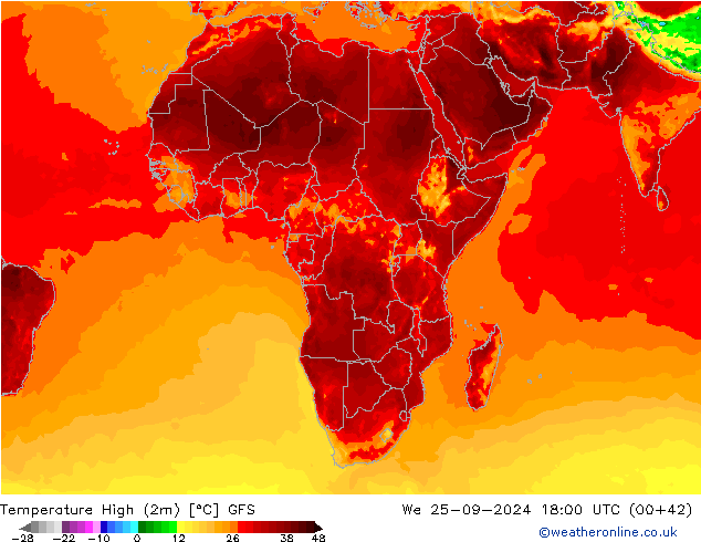 temperatura máx. (2m) GFS Qua 25.09.2024 18 UTC